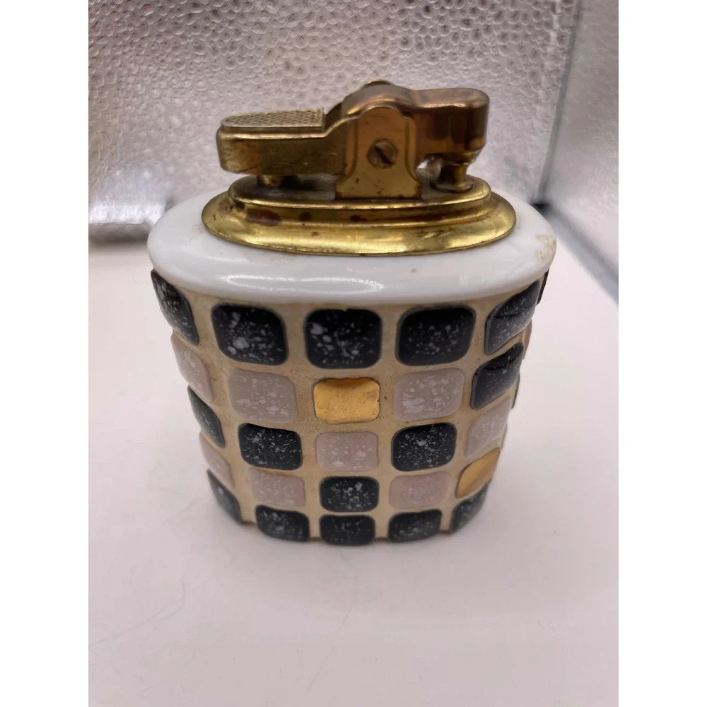 Vtg Mid Century Penguin Japan Mosaic Lighter and Ashtray Set Black‎ White Gold